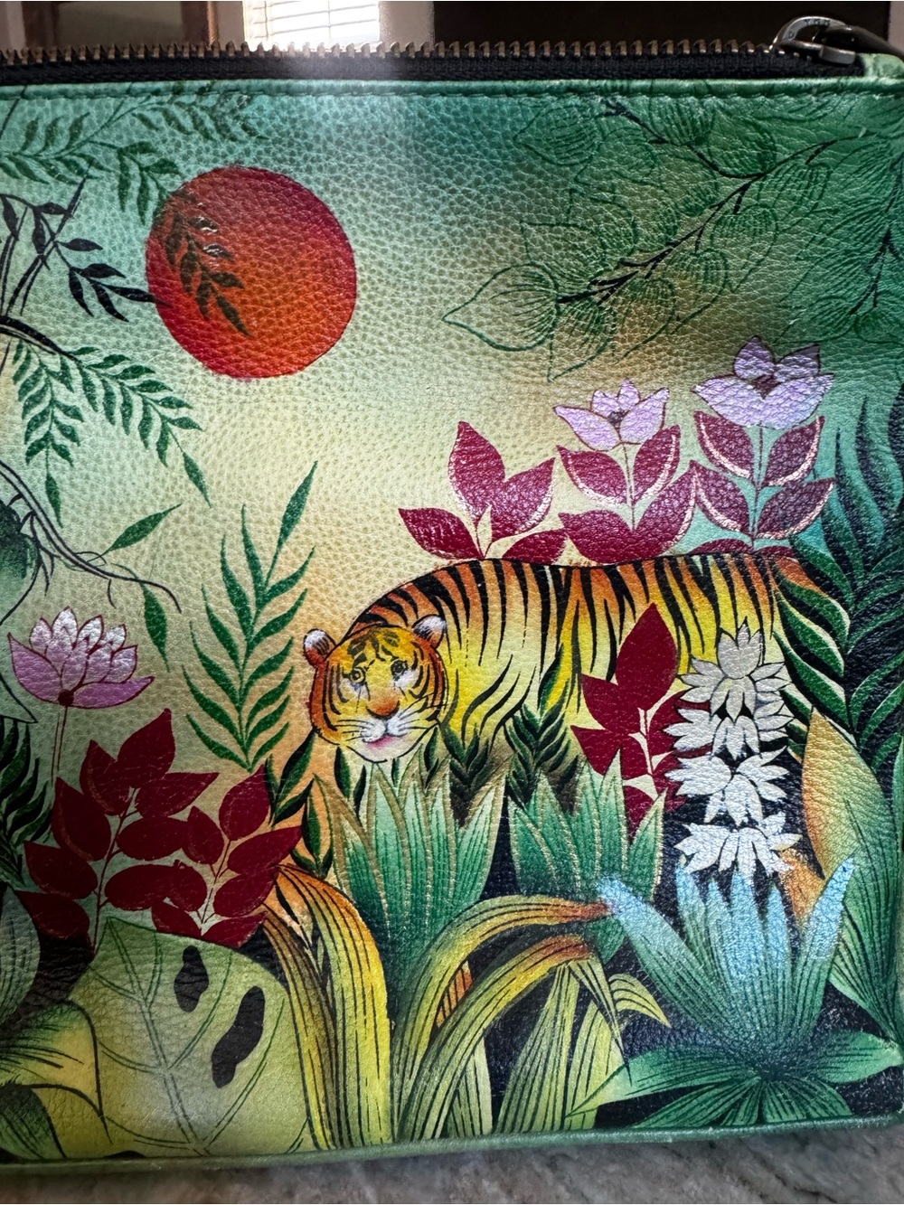 Anuschka Hand-Painted Jungle Print Green Wristlet Pouch - Picture 3 of 11
